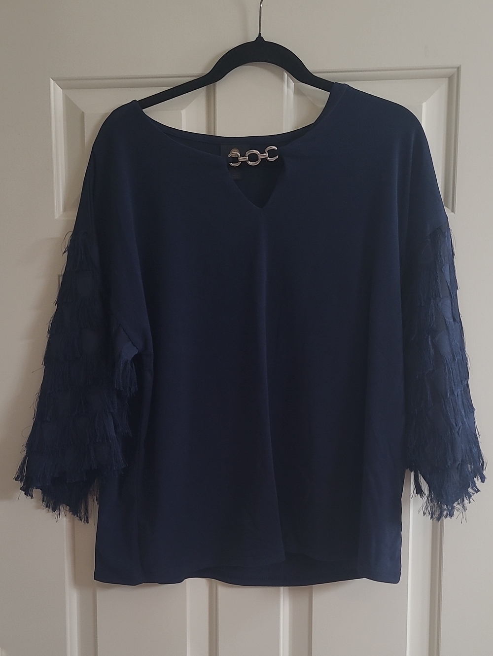 JM Collection Navy Blouse with Fringe Sleeves and Decorative Chain